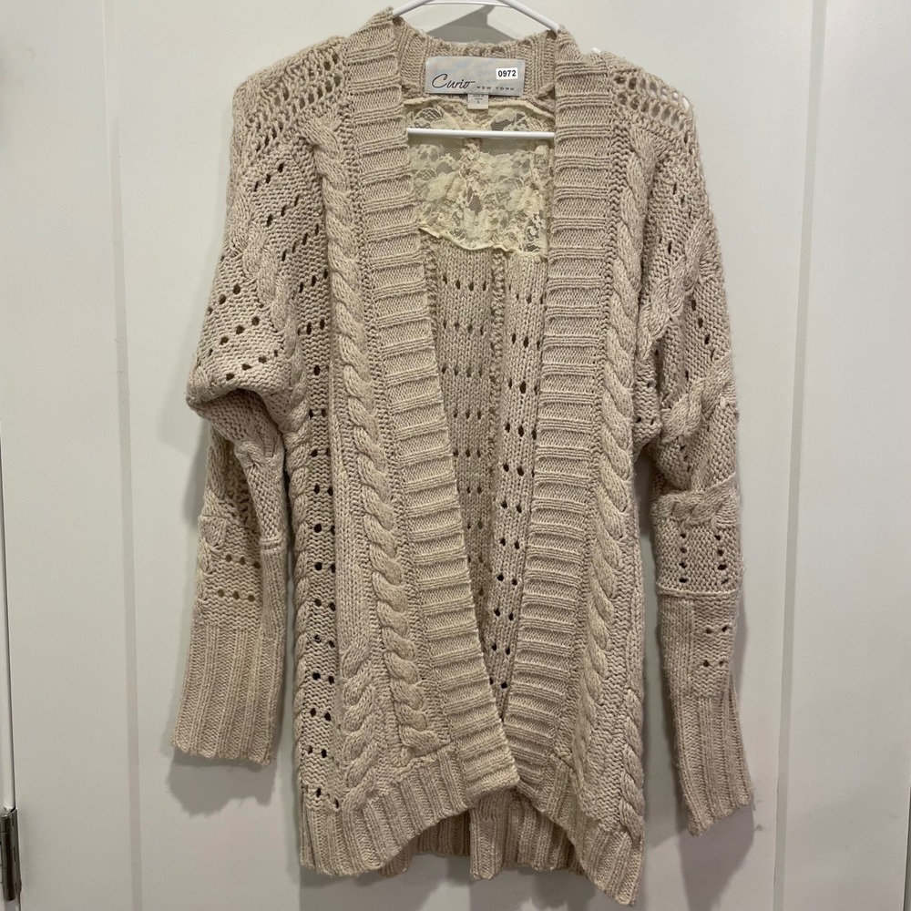 Curio‎ New York Beige Cable Knit Lace Back Open Front Cardigan Sweater Small